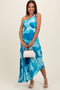 Blue Watercolor Satin Pleated One-Shoulder Asymmetrical Maternity Midi Dress
