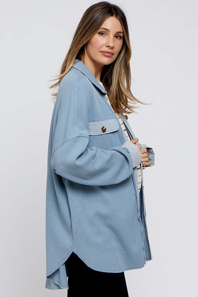 Baby Blue Ruffled Mock Neck Fitted Bodice Button Down Top