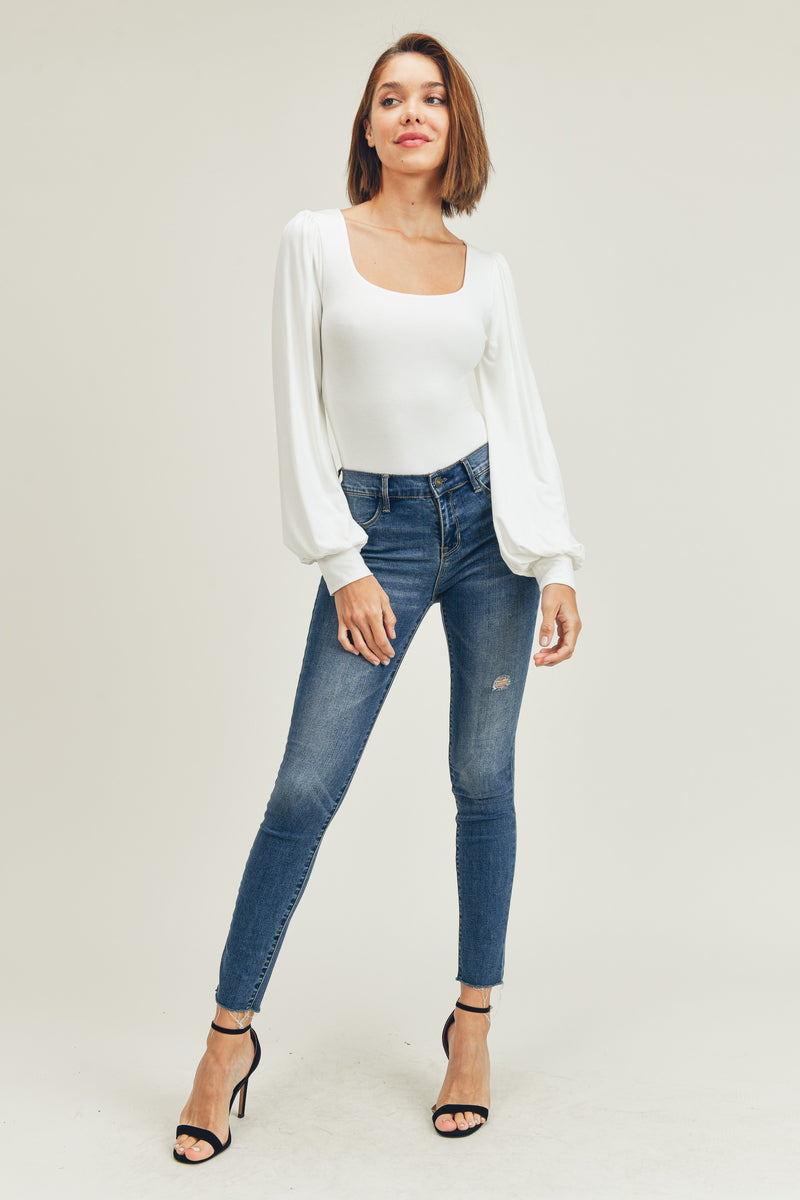 Romantic V-Neck Balloon Sleeve Tie-Back Bodysuit