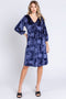 Navy Velvet Floral Ruched Neck Dress