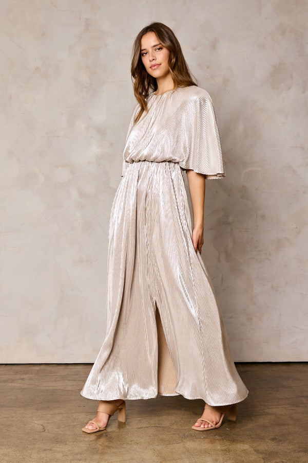V-Neck Stretch Satin Slimming Dress With Slit Champagne main image 1