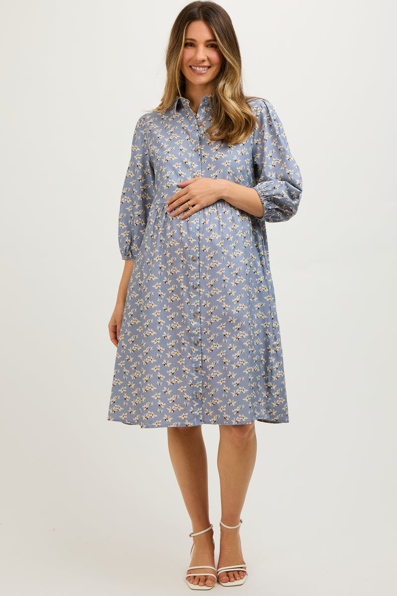 Light Blue Floral Button Front 3/4 Sleeve Maternity Dress – PinkBlush