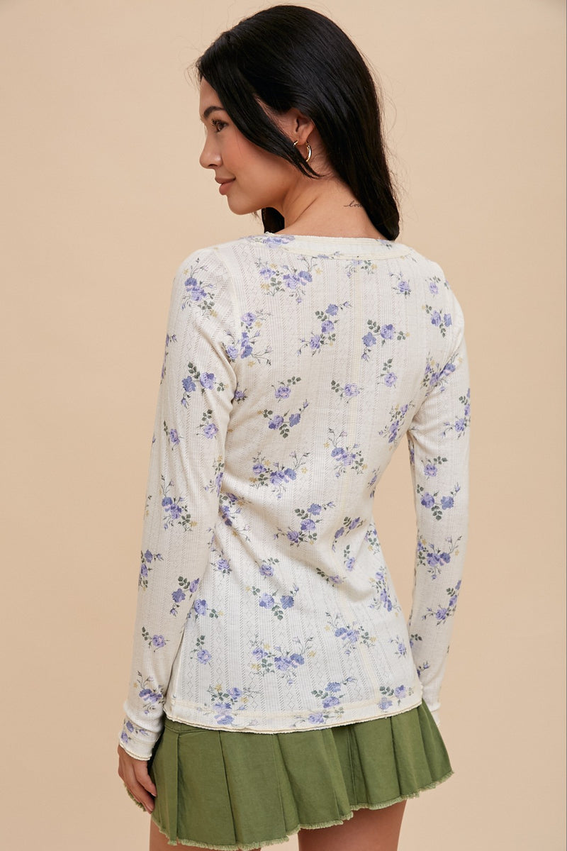 Floral Print Henley Top with Roll Sleeves main image 0