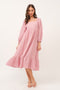 Pink Gauze Square Neck Long Sleeve Midi Dress