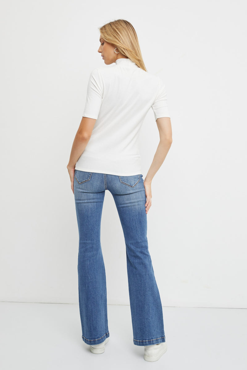 Women's Turtleneck Top Ivory Ribbed Slim Fit Long Sleeve