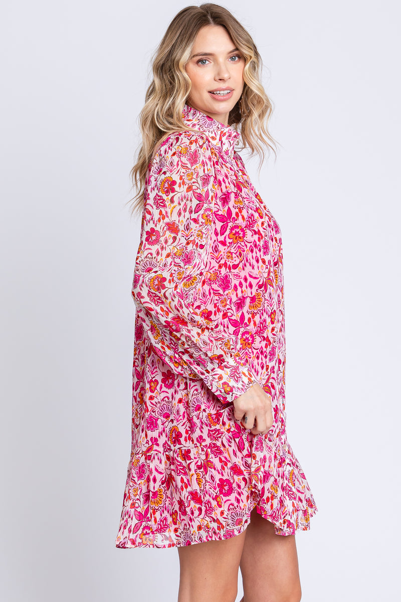 Floral Embellished Shirtdress in Magenta