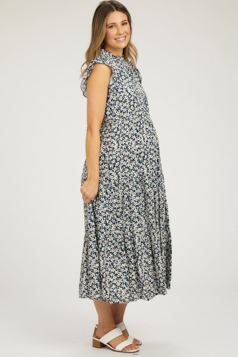 Beige Floral V-Neck Tiered Maternity Midi Dress main image 0