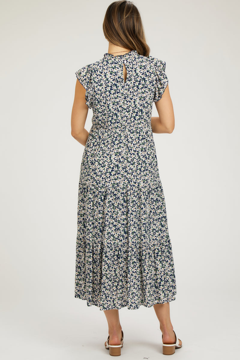 Sensation White Navy Floral Mock Neck Waist Tie Mini Dress
