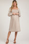 Beige Floral Print Long Sleeve Maternity Midi Dress