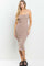 woman wearing a fitted ribbed midi dress in beige with adjustable spaghetti straps and a mid-calf hemline