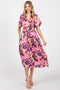 Violet Floral V-Neck Short Puff Sleeve Tie Waist Satin Midi Dress
