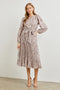 Brown Multi Woven Pleated Maxi Dress W/ Waist Self Tie