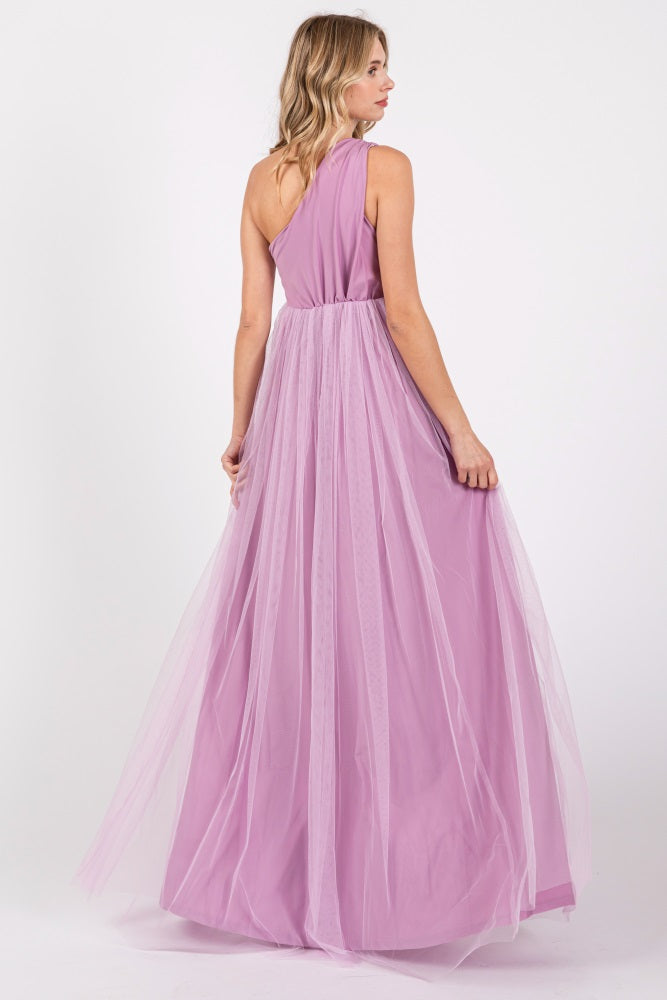 Lavender One Shoulder Tulle Maxi Dress– PinkBlush