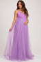 Purple Floral Applique Lace-Up Back Tulle Maternity Maxi Dress