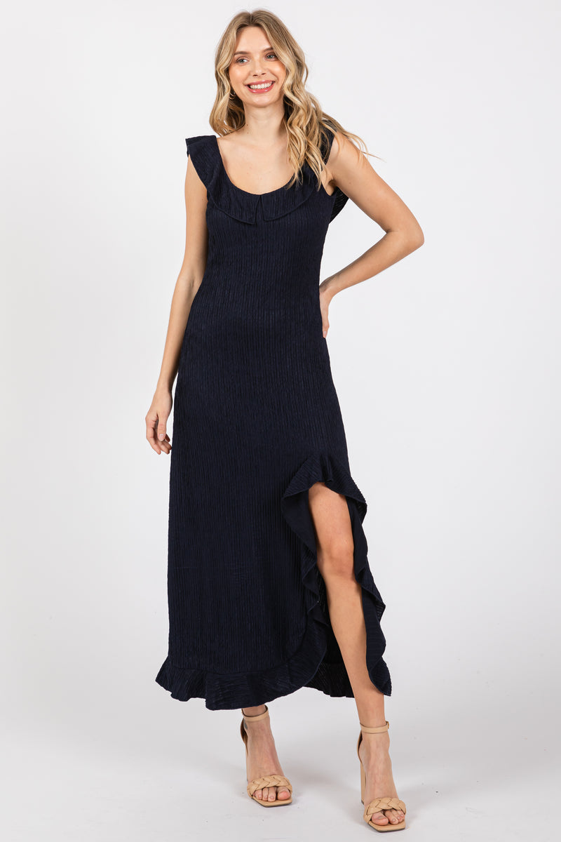 Navy Scrunch Strap Back Tie Ruffle Maxi Dress main image 0