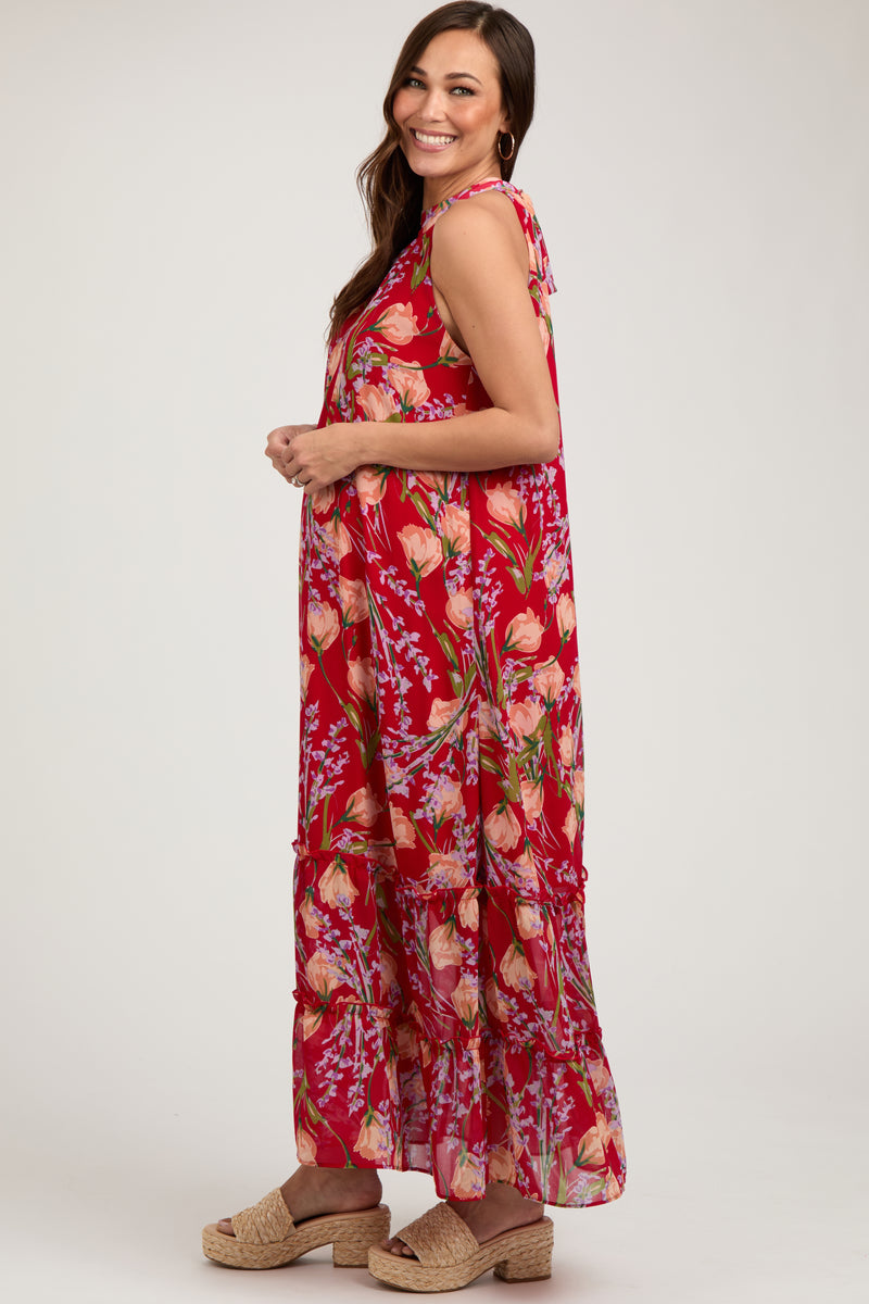 Red Ribbed Floral Shoulder Tie Maternity Maxi Dress main image 0