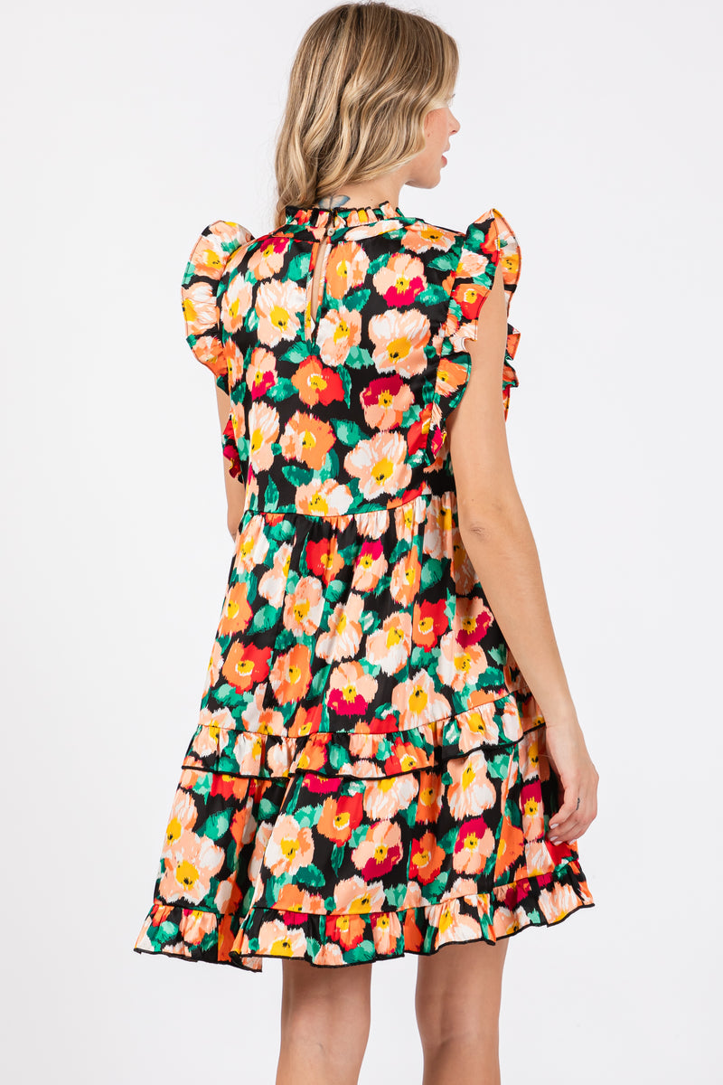 Floral Print Frill Mock Neck Dress Without Belt