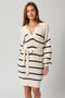White-Black Striped Knit Collared Long Sleeve Sweater Dress
