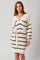 White-Black Striped Knit Collared Long Sleeve Sweater Dress