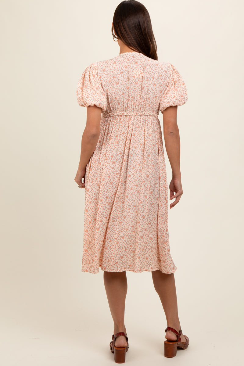 White Iridescent Textured Puff Sleeve Maternity Midi Dress