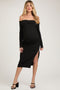 Black Ribbed Off Shoulder Side Slit Maternity Midi Dress