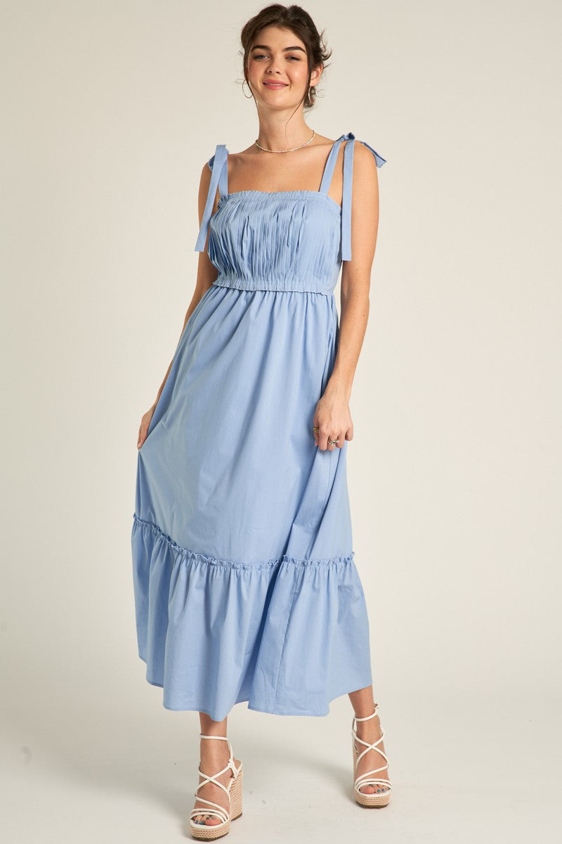 Light Blue Split V-Neck Sleeve Tie Tiered Maternity Midi Dress