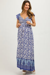 Blue Floral Off Shoulder Maternity Maxi Dress