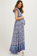 Blue Floral Off Shoulder Maternity Maxi Dress