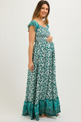 Green Floral Off Shoulder Smocked Maternity Maxi Dress