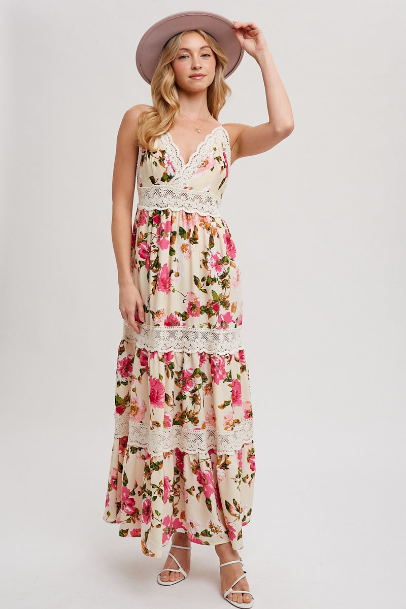 Vanilla Floral Print Tiered Lace Contrast Maxi Dress – PinkBlush