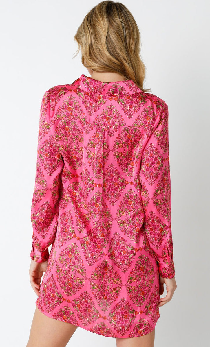 Onion Pink Floral Shirt Dress with Waist Tie