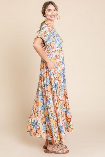 Peach Floral Print Pocketed Midi Dress