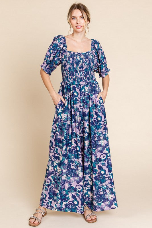 Navy Blue Smocked Square Neck Ruffle Waist Maternity Jumpsuit