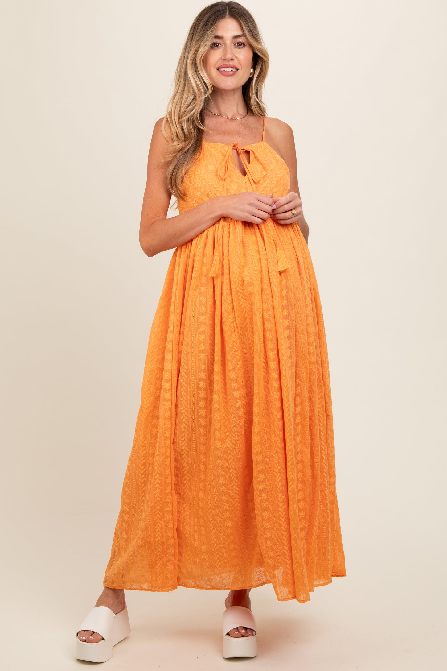 Orange Embroidered Tassel Tie Maternity Maxi Dress Orange Embroidered Tassel Tie Maternity Maxi Dress