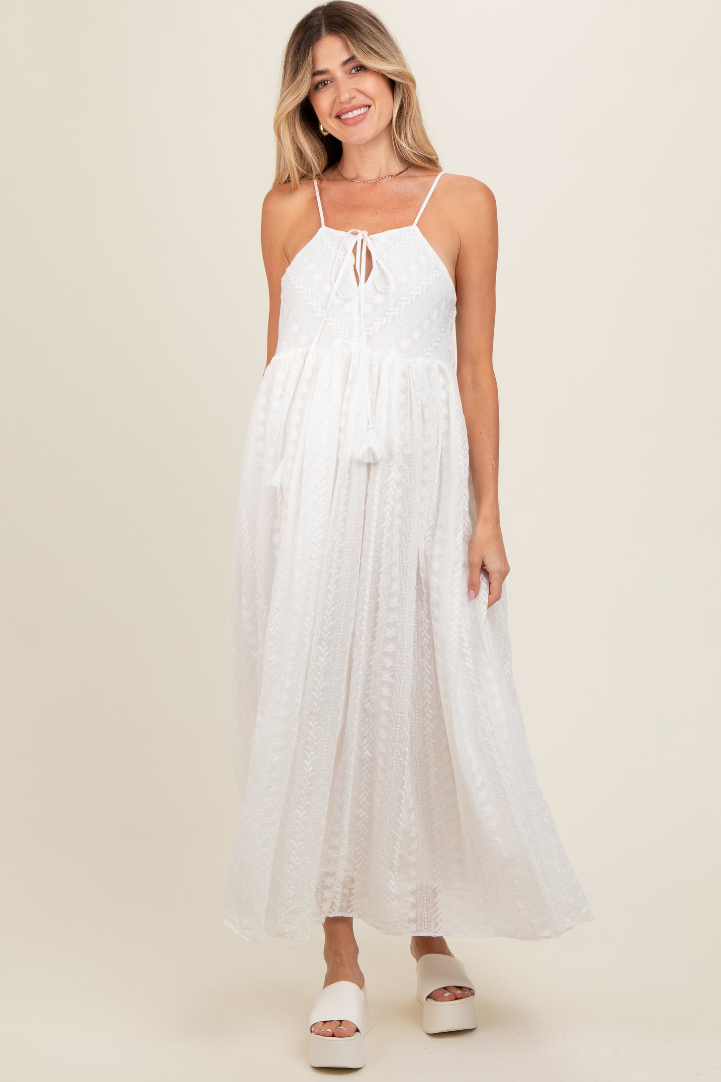Ivory Embroidered Tassel Tie Maternity Maxi Dress PinkBlush Ivory Embroidered Tassel Tie Maternity Maxi Dress PinkBlush
