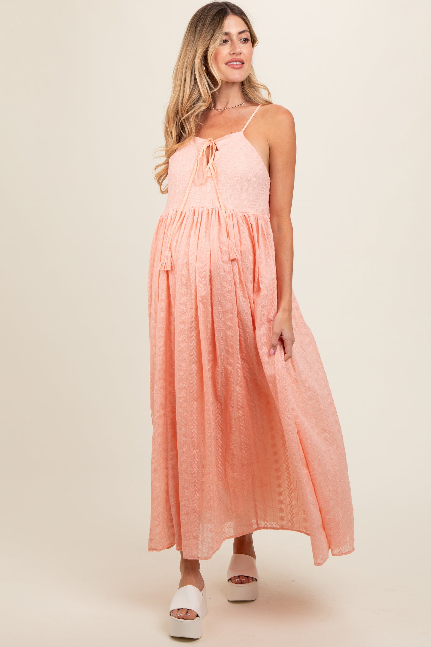 Light Pink Embroidered Tassel Tie Maternity Maxi Dress