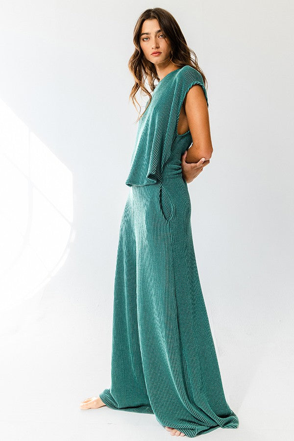 Hunter Green Open Front Wide Leg Textured Jumpsuit – PinkBlush