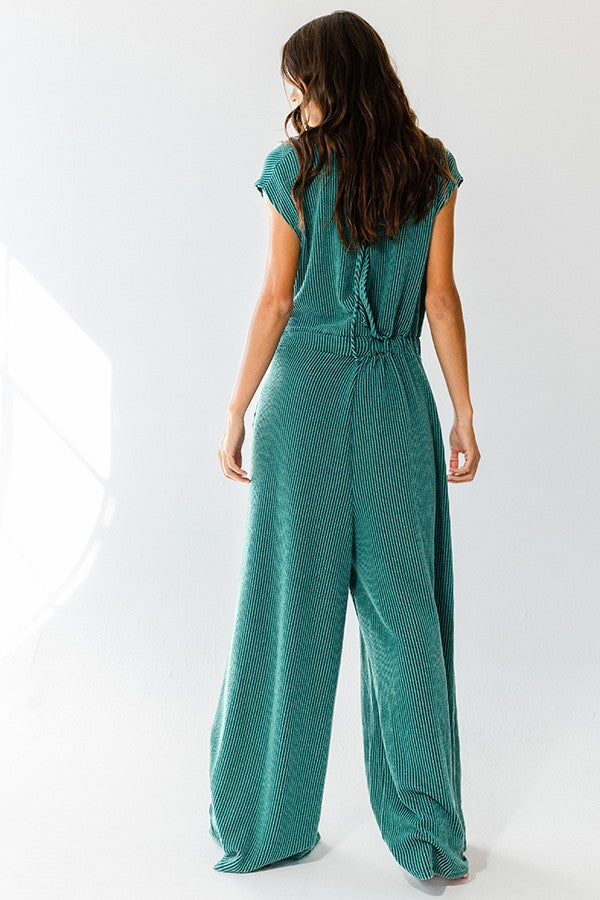 Hunter Green Open Front Wide Leg Textured Jumpsuit – PinkBlush