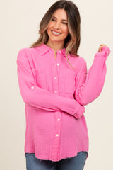 Pink Front Pocket Fringe Hem Button Up Maternity Shirt