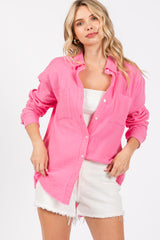 Pink Front Pocket Fringe Hem Button Up Maternity Shirt