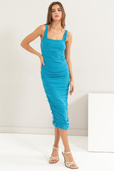 Turquoise Mesh Ruched Bodycon Midi Dress