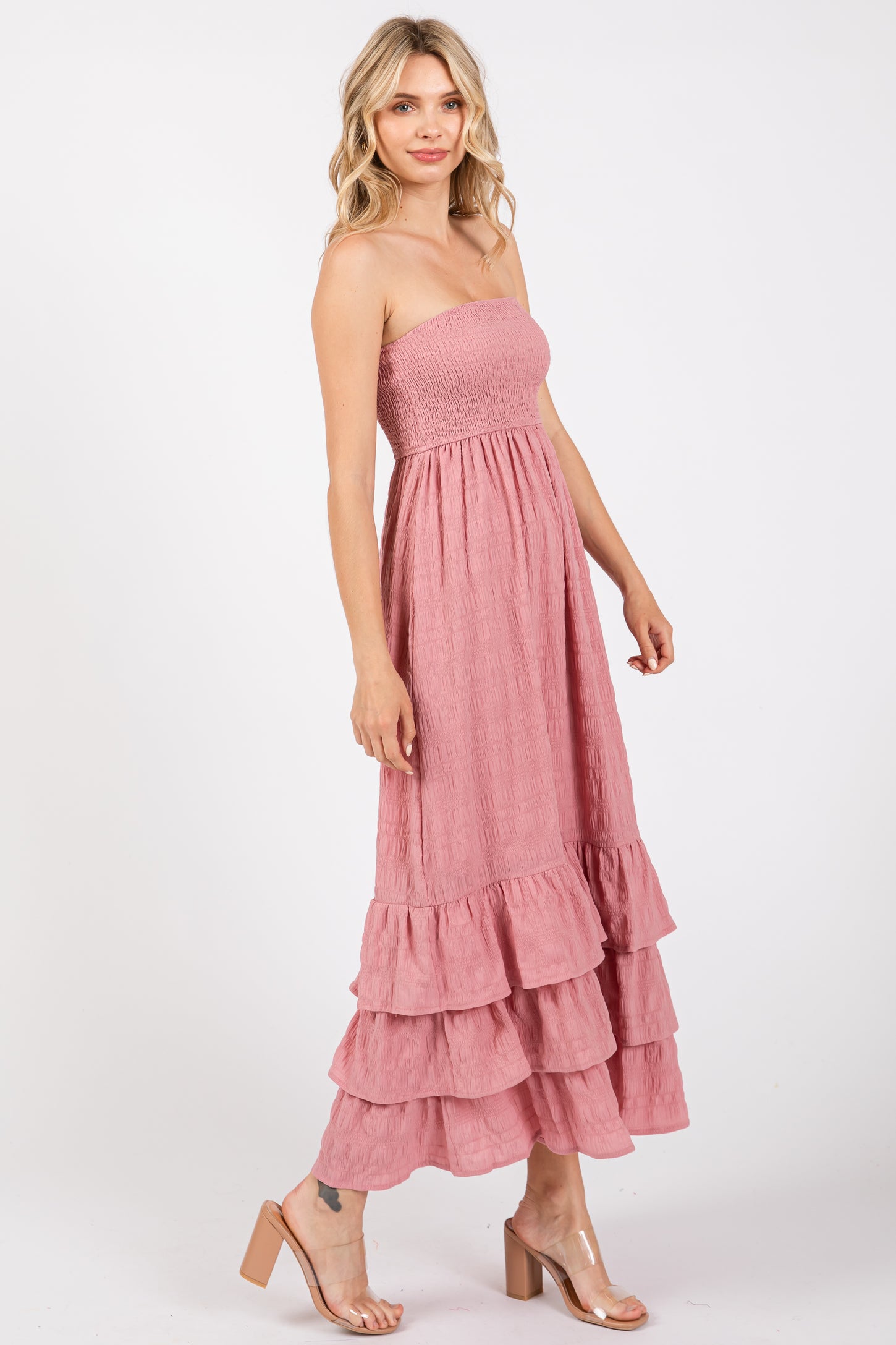 Mauve Smocked Ruffle Hem Tube Maxi Dress PinkBlush Mauve Smocked Ruffle Hem Tube Maxi Dress PinkBlush
