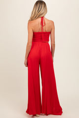 Red Smocked Drawstring Halter Side Cutout Maternity Jumpsuit