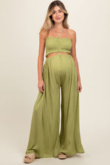 Lime Smocked Drawstring Halter Side Cutout Maternity Jumpsuit