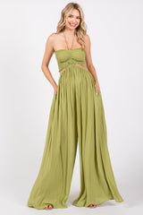 Lime Smocked Drawstring Halter Side Cutout Maternity Jumpsuit