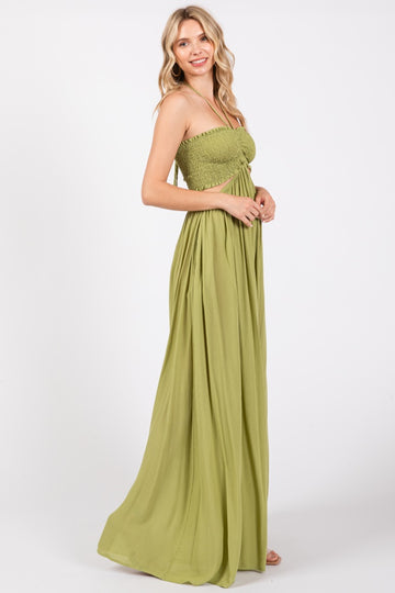 Lime Smocked Drawstring Halter Side Cutout Jumpsuit