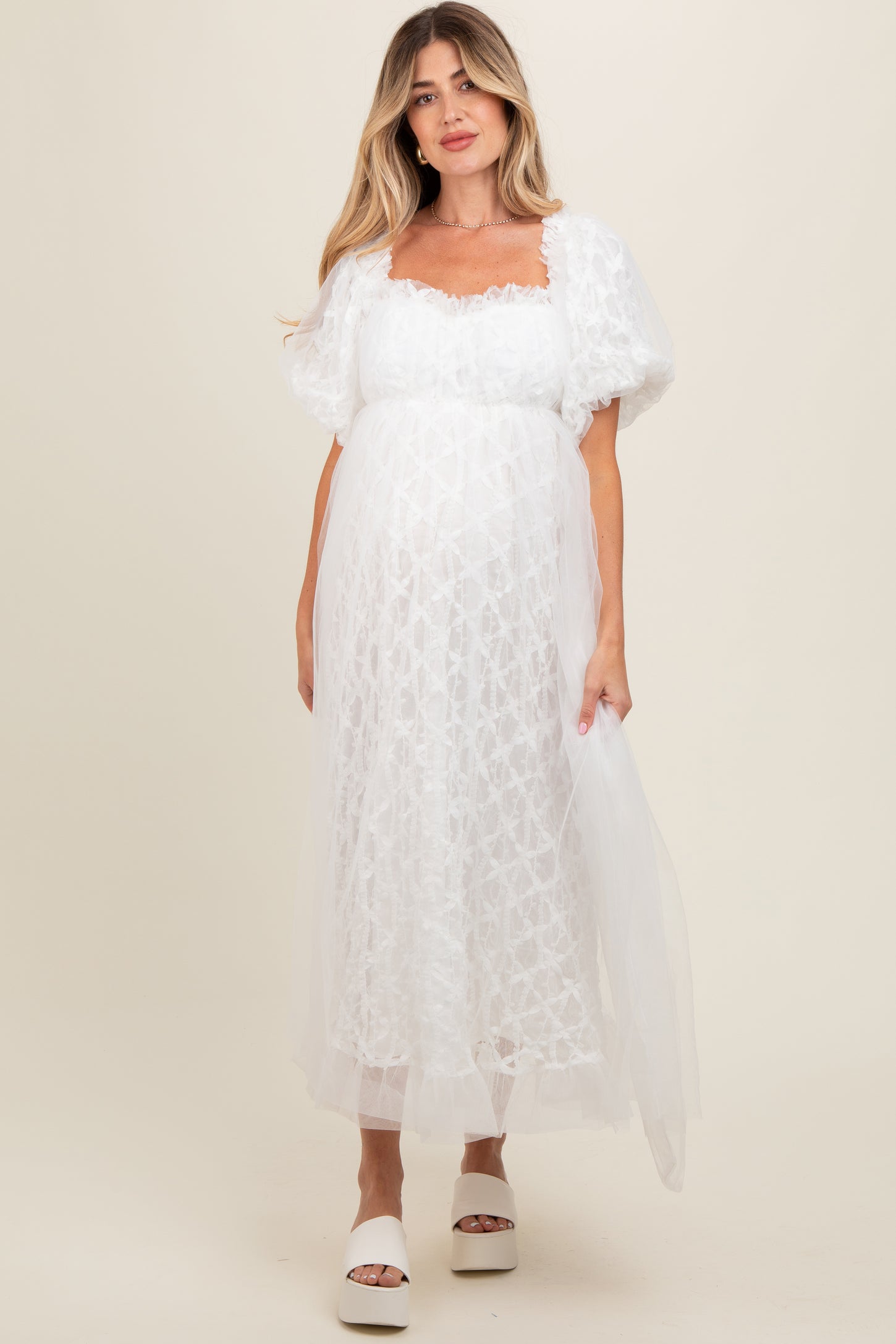 White Balloon Sleeve Embroidery Mesh Maternity Midi Dress