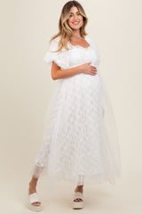 White Balloon Sleeve Embroidery Mesh Maternity Midi Dress