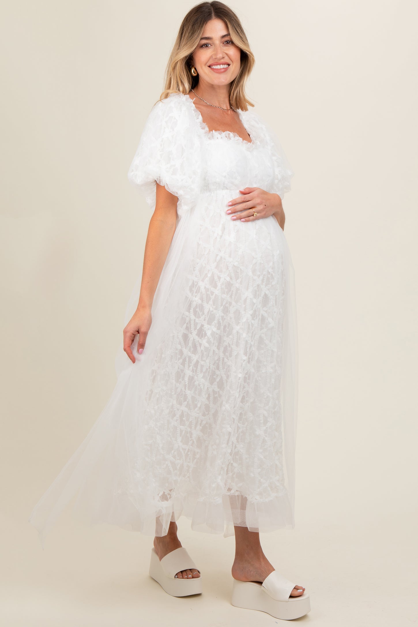 White Balloon Sleeve Embroidery Mesh Maternity Midi Dress