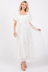 White Balloon Sleeve Embroidery Mesh Maternity Midi Dress